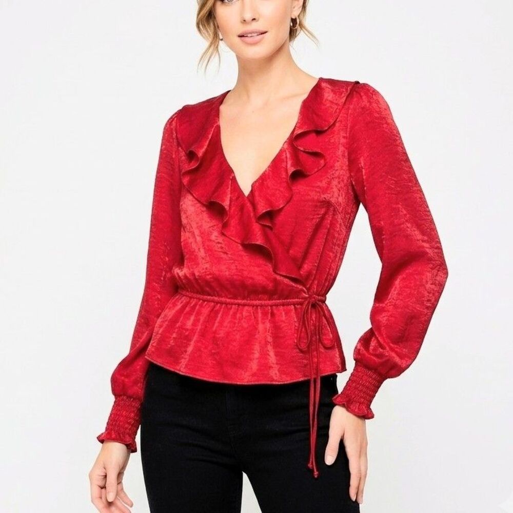 GYPSIES & MOONDUST Blouse Red Satin Wrap Top Ruffled Women Size Small NEW NWT